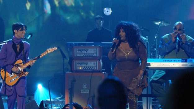 Khan performs I Feel For You with Prince and Stevie Wonder in 2006. Getty Images