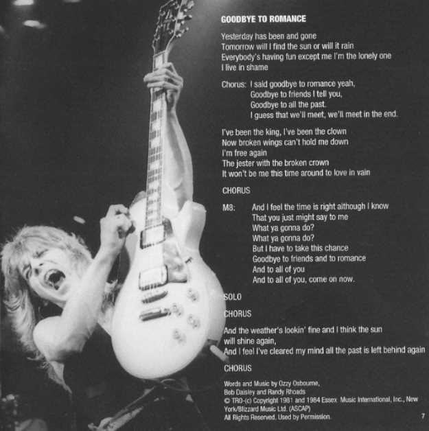 Randy Rhoads on booklet page of 'Goodbye to Romance'